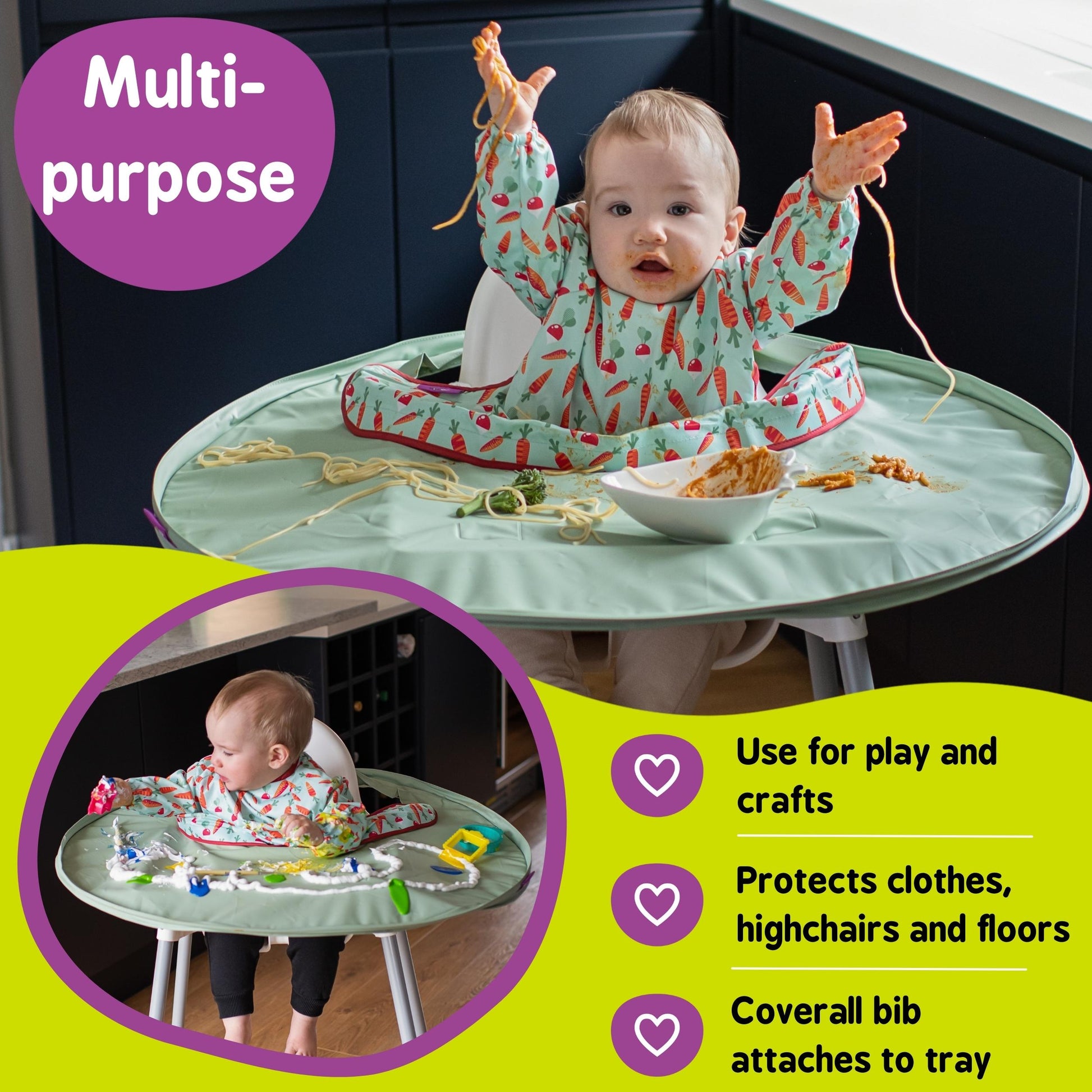Tidy Tot Bib & Tray Kit catching dropped food on the tray