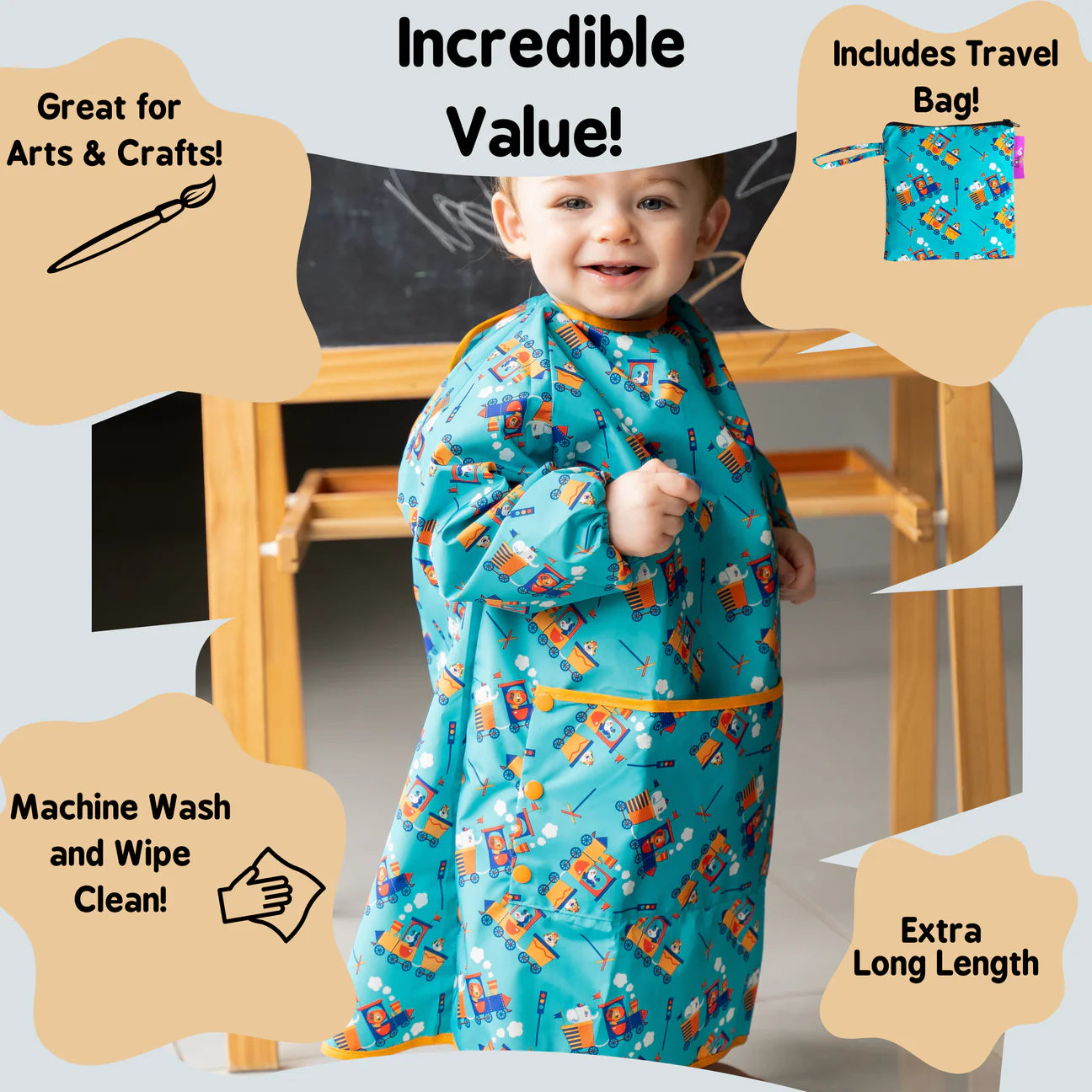 Toddler wearing the Tidy Tot Long Length Coverall Bib