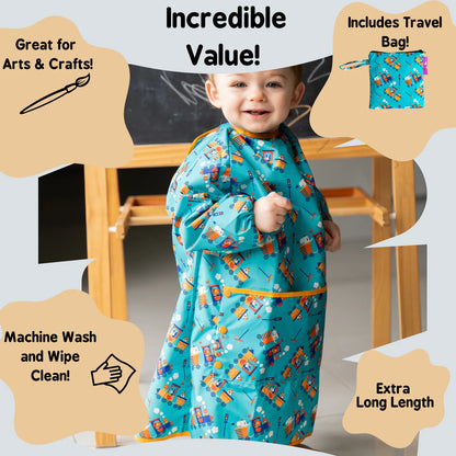 Toddler wearing the Tidy Tot Long Length Coverall Bib