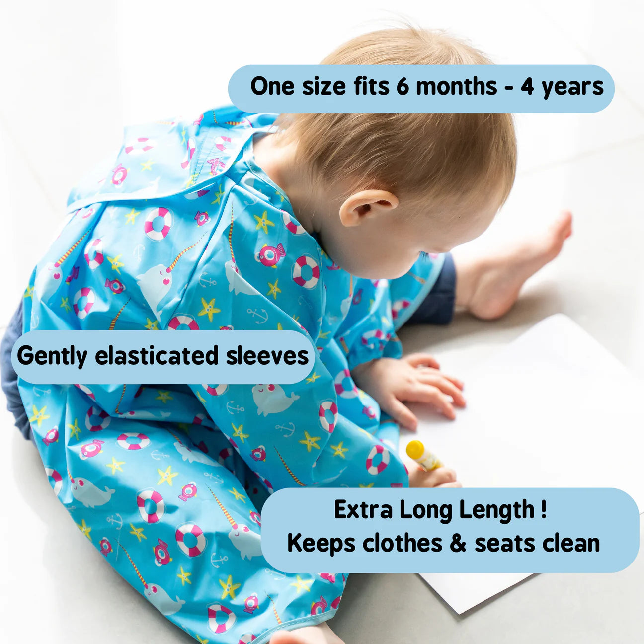 Tidy Tot Long Length Coverall Bib with side crumb-catcher pocket